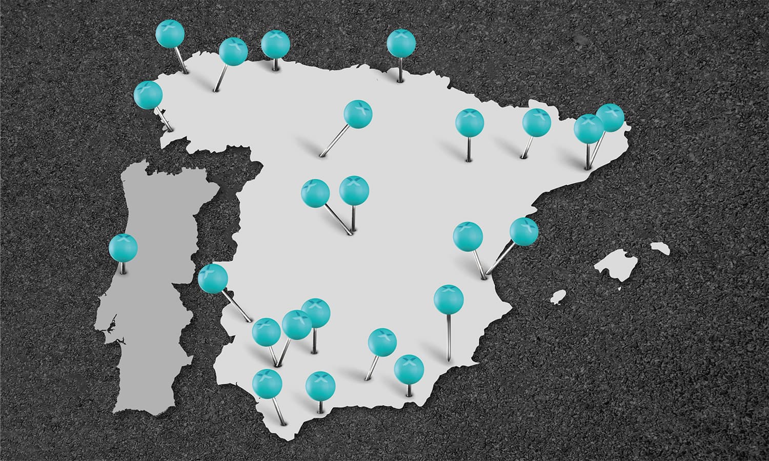 Mapa da Península Ibérica com os armazéns da NEX Tyres